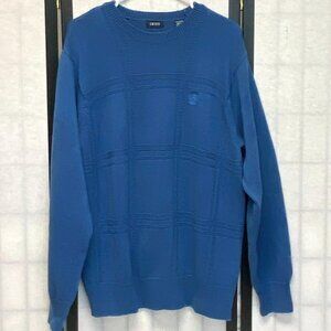 Izod Blue Windowpane Cotton Knit Crewneck Pullover Sweater L Long Sleeve Top